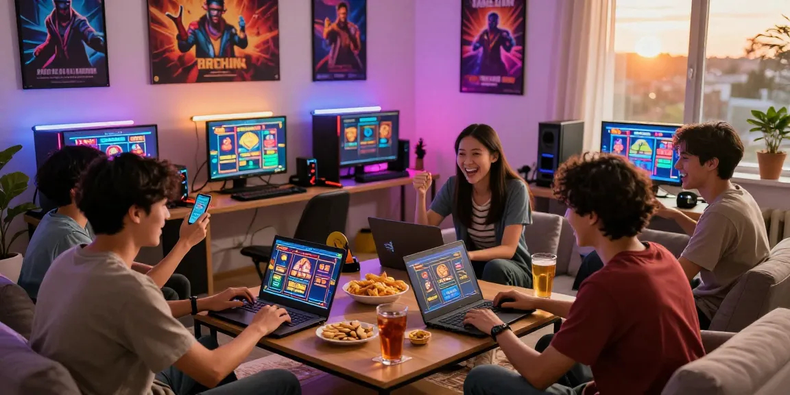 Exciting gaming night showcasing depo pulsa 10k tanpa potongan in a lively atmosphere, friends engaging in slot games.