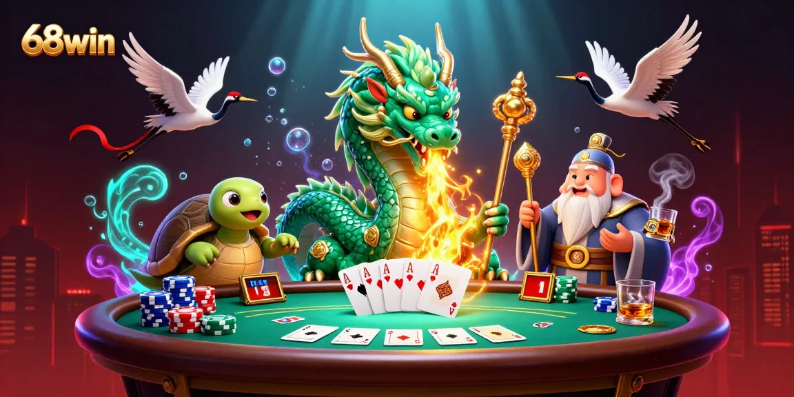 Engage with 68win's thrilling 3D casino scene featuring a jade dragon and poker elements.