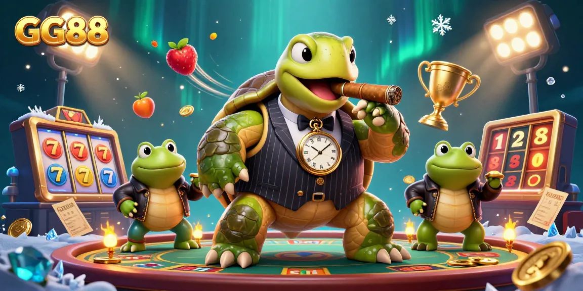 Win big at GG88 with 3D turtles and bullfrogs celebrating around vibrant slot games.