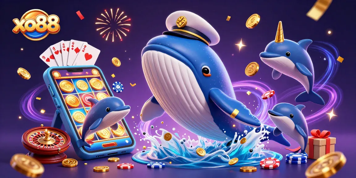 Experience the excitement of xo88 with a whale breaching through coins, surrounded by casino games.