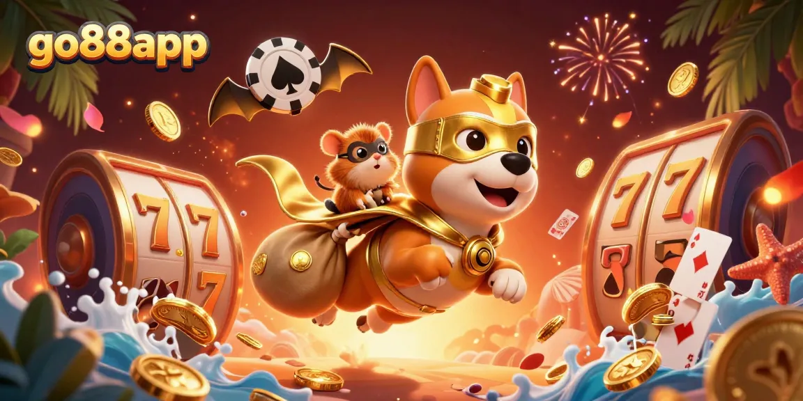 Join the adventure with go88app as a superhero dog and friends celebrate winning with vibrant casino elements.