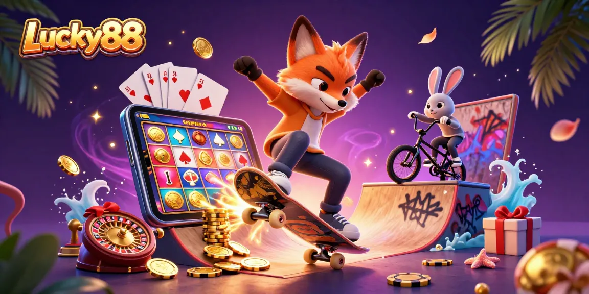 Lucky88 players enjoying jackpots with a skateboarder fox and BMX rabbit amid vibrant casino visuals.