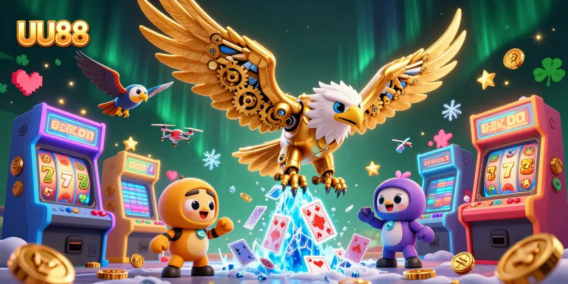 Experience thrilling gaming at UU88 with a dynamic casino scene featuring 3D characters and vibrant slot elements.