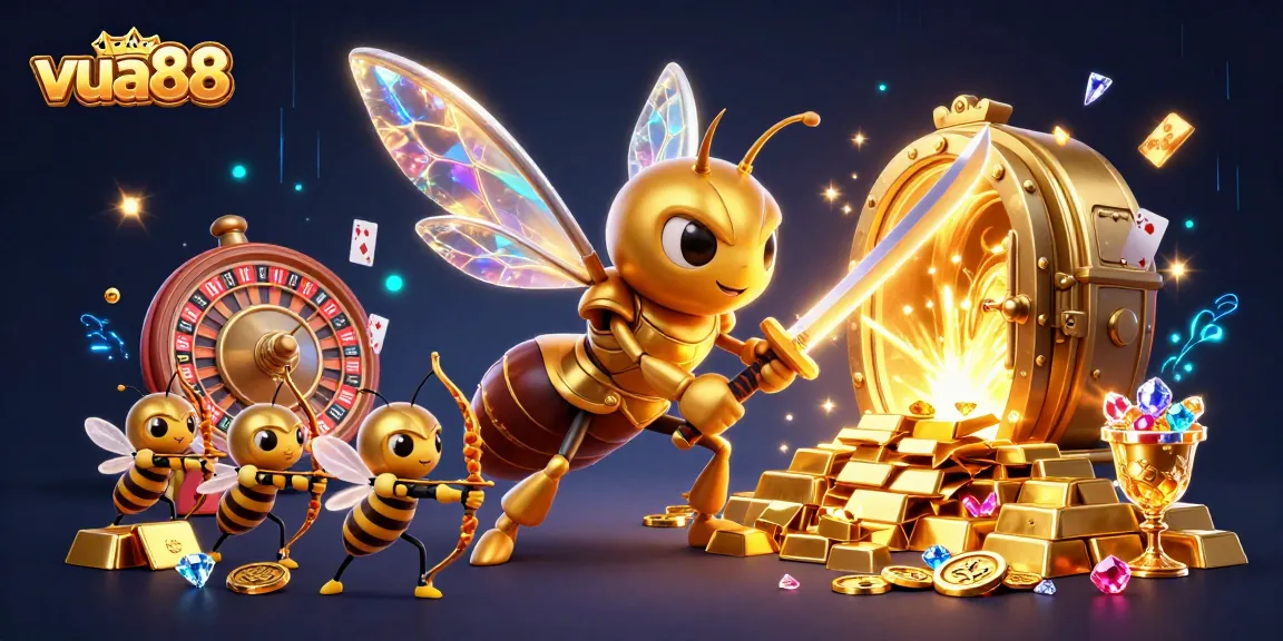 Experience the excitement of vua88 with a dynamic 3D casino scene featuring vibrant characters and sparkling elements.