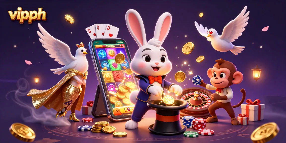Experience the thrill with vipph as a magician pulls coins while a dove and monkey enhance the casino excitement.