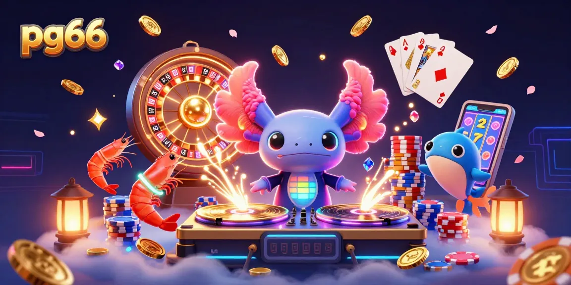 Engage with pg66's vibrant casino experience featuring a lively axolotl DJ and festive game elements.
