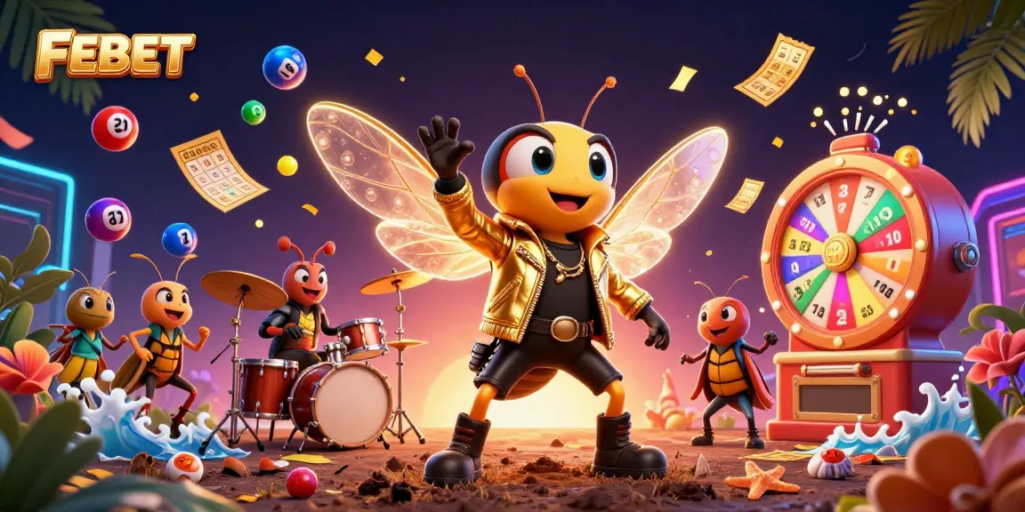 Experience the thrill of gambling with FEBET's vibrant lottery-themed 3D illustration showcasing dynamic game elements.