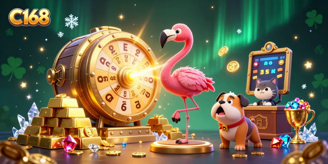 C168 reveals thrilling casino excitement as a flamingo host spins a golden prize wheel, creating an engaging environment.