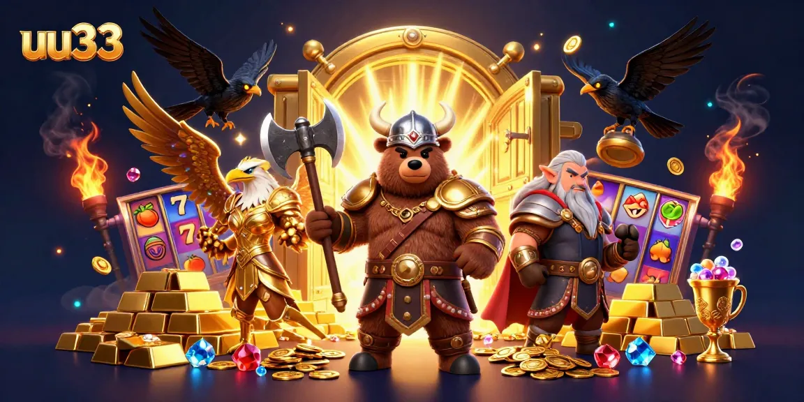 Engage with uu33's thrilling slot reels and treasures in a vibrant Viking-themed casino scene.