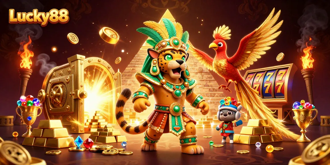 Experience the thrill of Lucky88 with dazzling slot reels and treasures bursting from a golden vault.