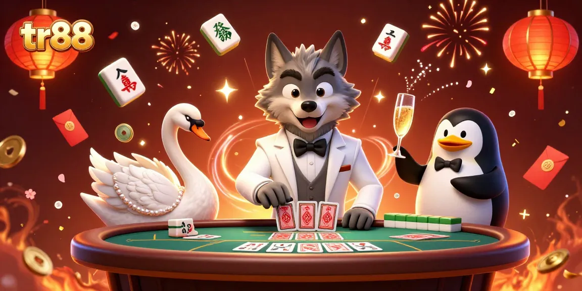 Engage in thrilling baccarat gameplay at tr88, with a debonair wolf, an elegant swan, and a penguin sommelier amidst festive casino elements.