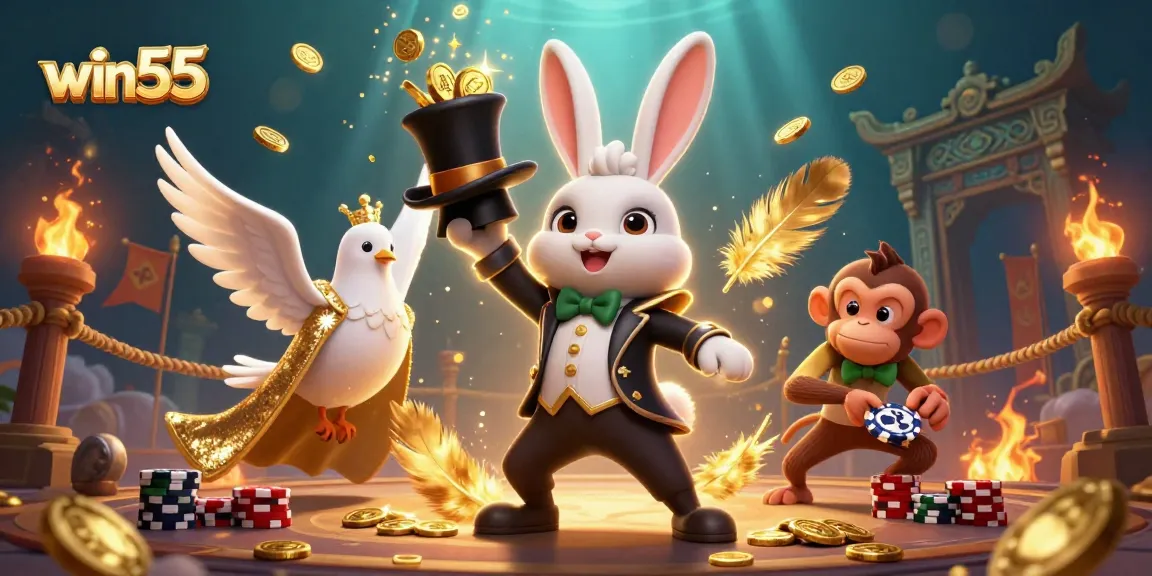 Experience the thrill of winning with win55 as the magician rabbit conjures coins amidst dazzling casino action.