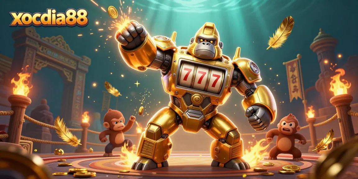 Xocdia88's vibrant 3D casino action scene featuring a golden gorilla mech and dynamic gaming elements.