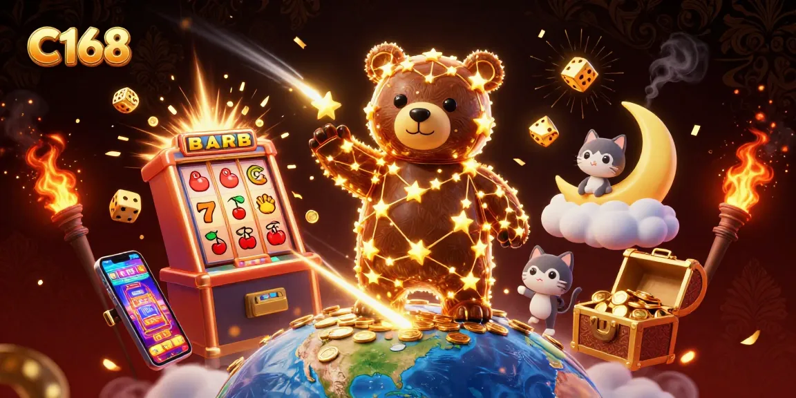 C168 engages players with a fun scene of golden bear, shooting star fish, and crescent moon cat, among vibrant casino elements.