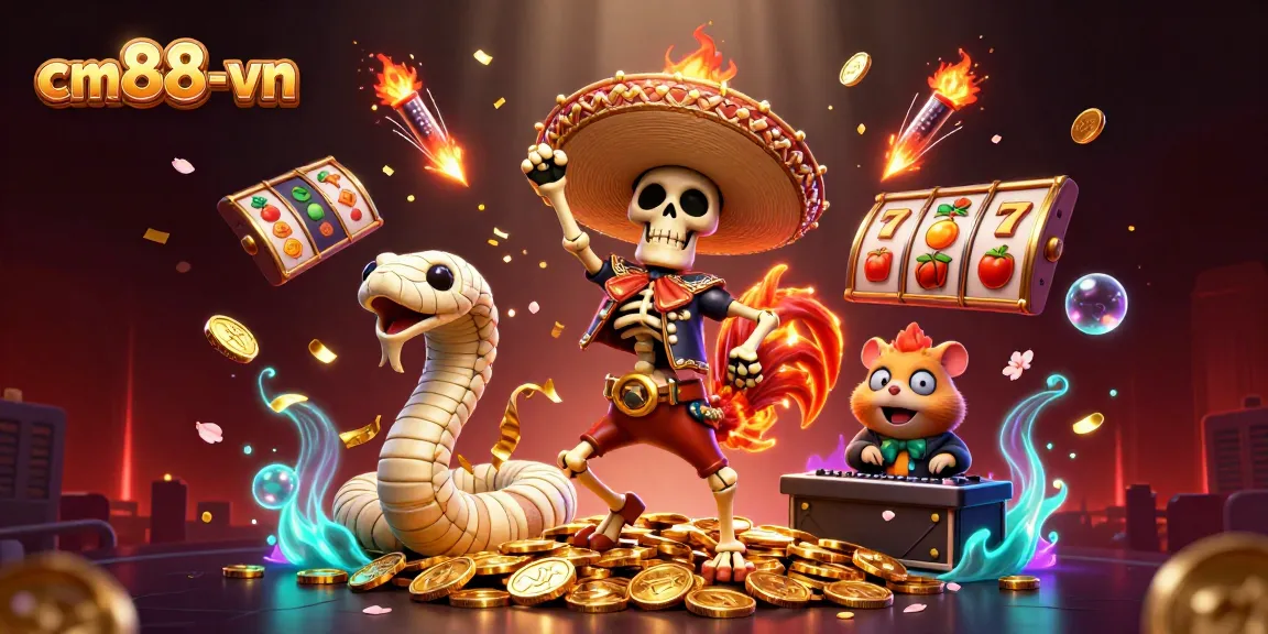 Experience winning action at cm88-vn with vibrant characters celebrating atop golden coins, surrounded by immersive casino elements.