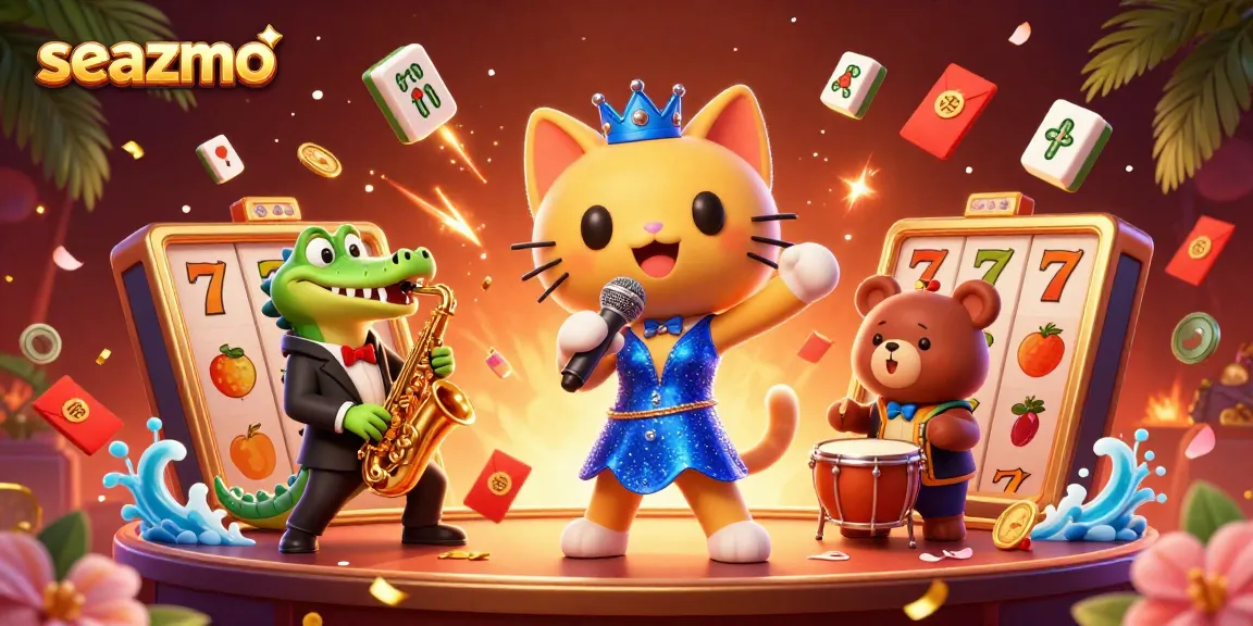 Experience seazmo's vibrant casino scene with a jazzy cat, crocodile, and bear cub performing together.