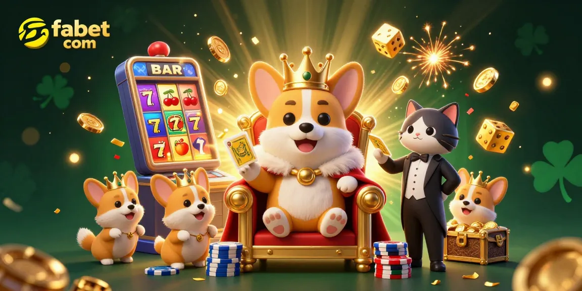 Engage in dynamic gaming with fabet com, featuring vibrant 3D corgis amidst dazzling slot machine elements.