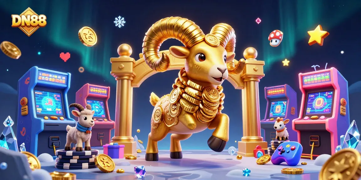 Experience winning excitement at DN88 with vibrant casino elements and a golden ram in action.