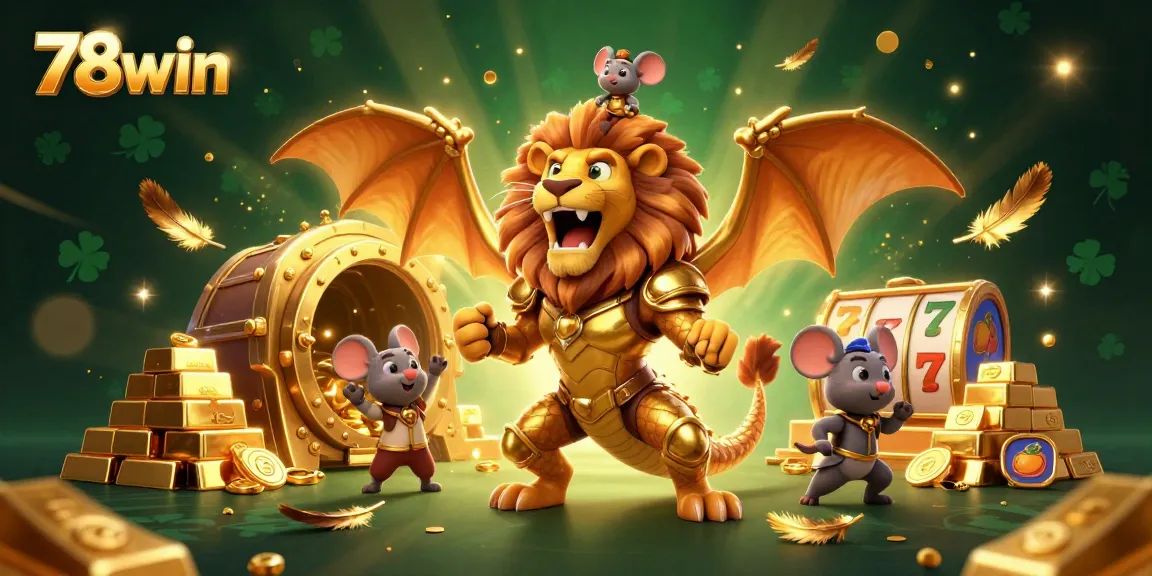 Experience the thrill of 78win with this vibrant casino scene showcasing a chimera creature with golden armor amidst sparkling jackpots.