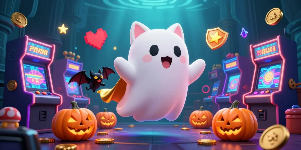 Engage with 抖阴官网's vibrant gaming experience through a floating ghost cat and vampire bat in a haunted casino.