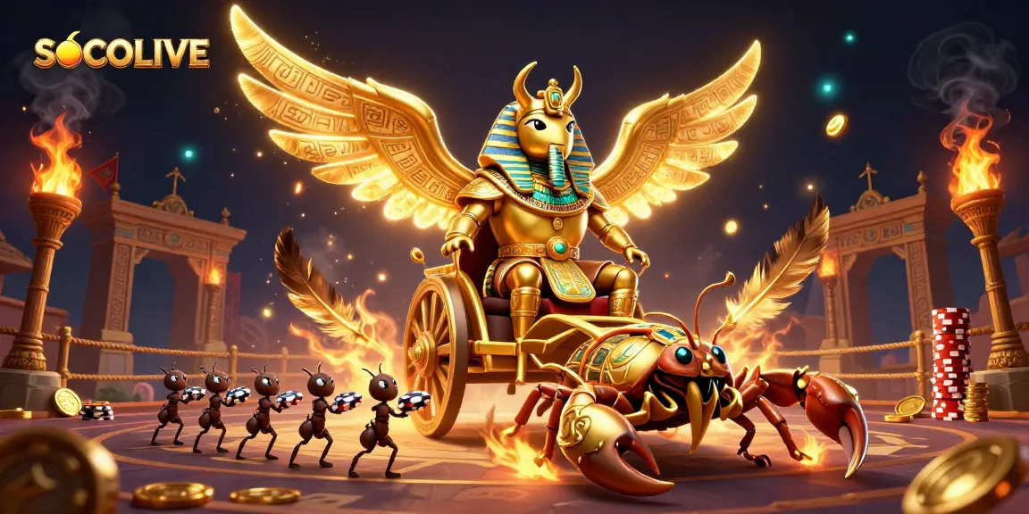 SOCOLIVE showcases an energetic sports betting scene with a glowing scarab and a chariot.