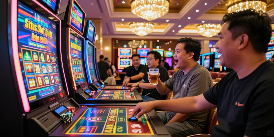 Situs Slot Gacor Asialive88 at a lively casino scene with players excitedly engaging with digital slot machines.