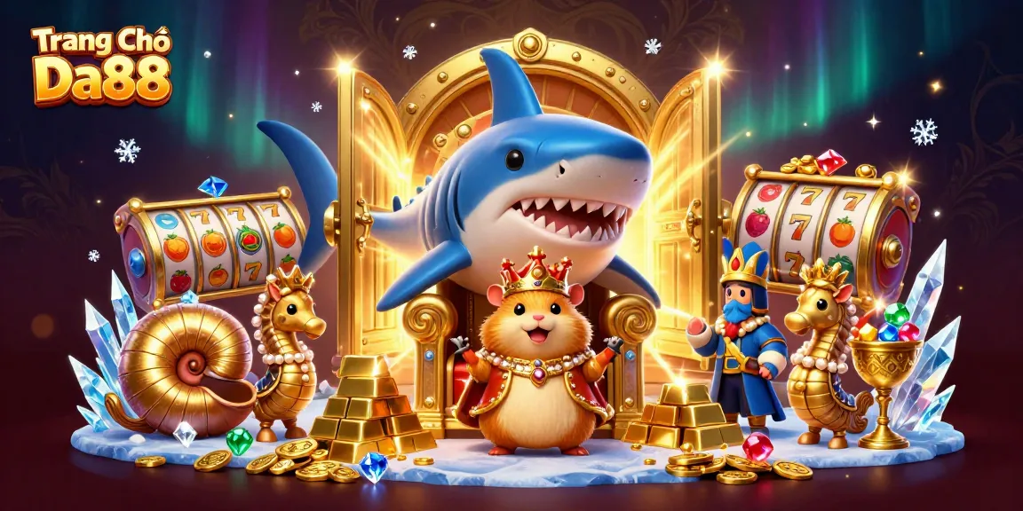 Engage with the thrilling world of Trang Chủ Da88, featuring a fierce hamster king and slot games in a treasure-filled scene.