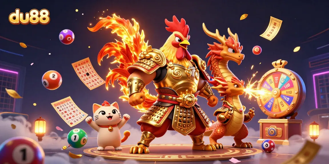 Engage with du88 in this vibrant 3D illustration featuring a battlesome rooster and dragon amidst lottery excitement.