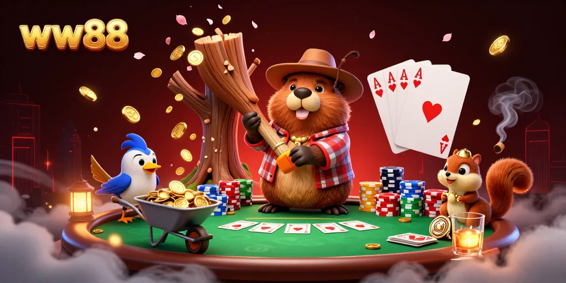 Experience thrilling games at ww88 with beaver character surrounded by poker chips and shining coins.