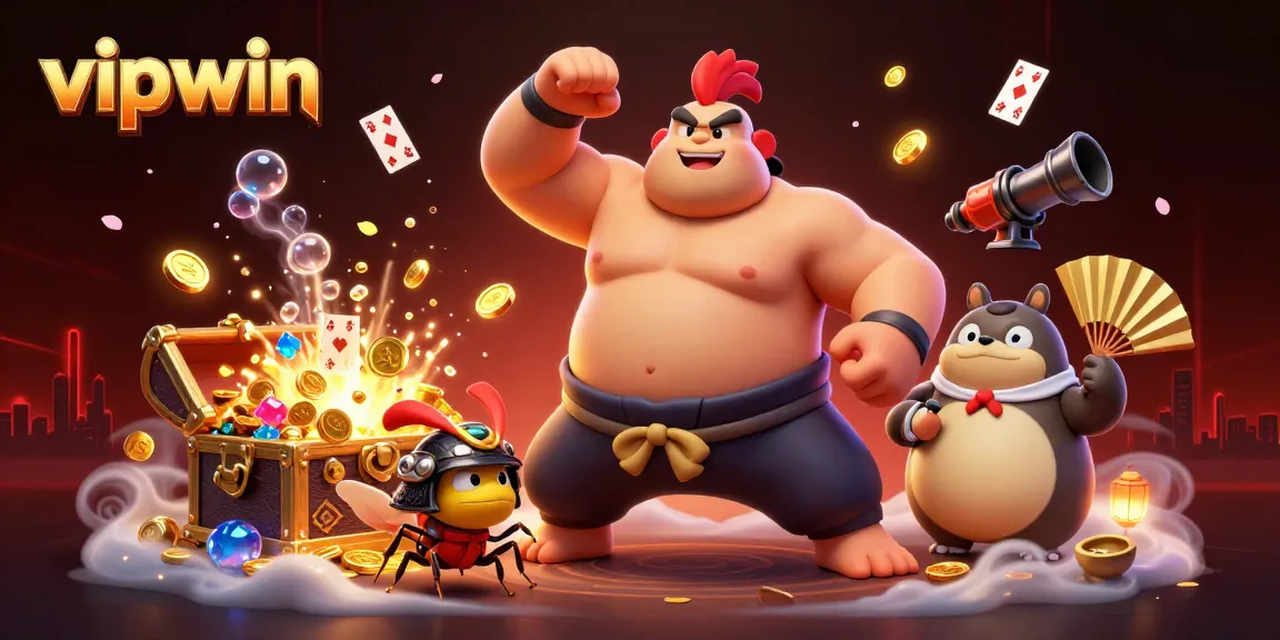 Engage with vipwin scenes featuring a powerful rooster and samurai cricket in a vibrant casino setting.