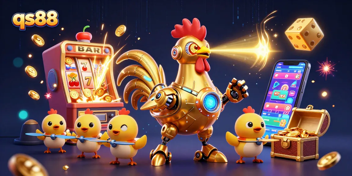 Engage in exciting gaming adventures at qs88 with retro-futuristic characters amidst jackpot explosions and vivid casino elements.