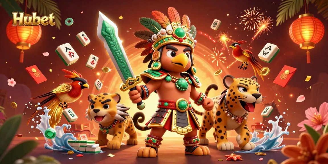 Experience the thrill of Hubet with bold Aztec warriors and rich casino elements in a vibrant illustration.