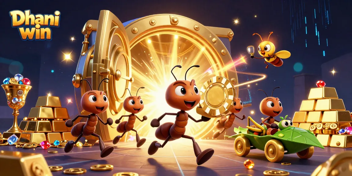 Dhani win offers thrilling casino adventures with a spirited cartoon heist scene featuring ants, treasure, and excitement.