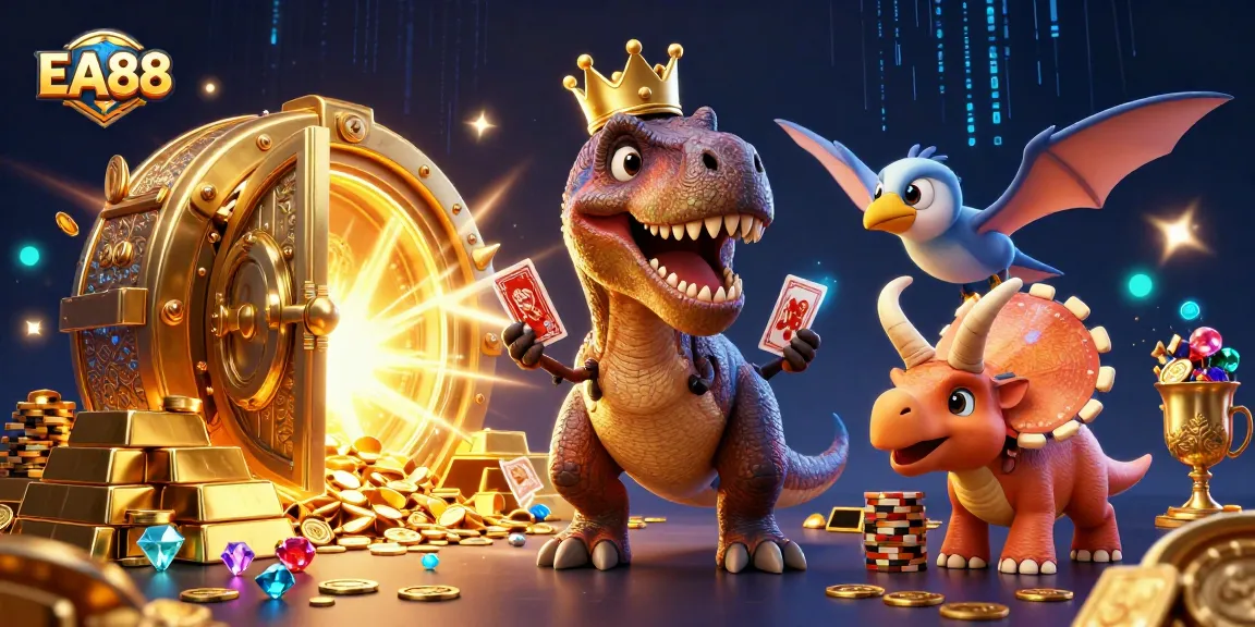 EA88 illustrates a T-Rex shuffling cards with a pterodactyl and baby triceratops amidst golden treasures.