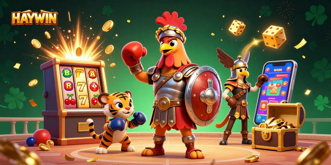 Engage with HAYWIN's dynamic casino experience featuring a rooster gladiator amidst a jackpot explosion.