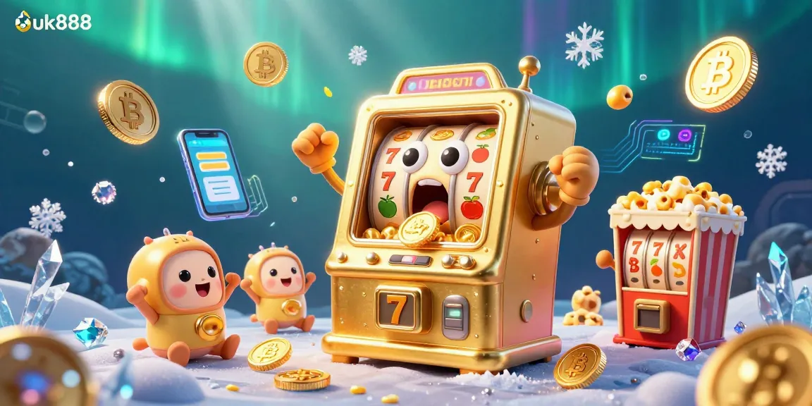 uk888 celebrates jackpots with a vibrant scene of cartoon slot machines and cryptocurrencies showering coins.