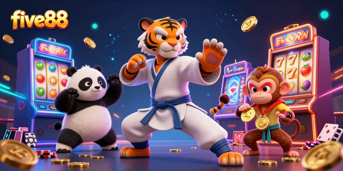 Experience the excitement of five88 with a Kung Fu tiger and panda in a colorful slot game scene.