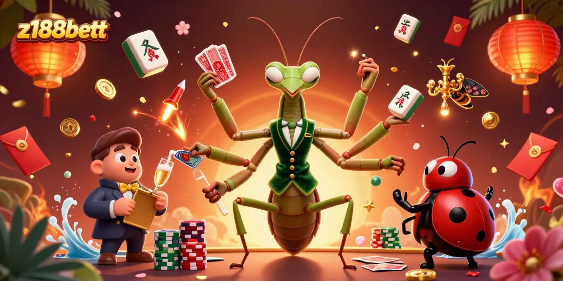 Experience thrilling gameplay at z188bett with a giant praying mantis card sharp in vibrant casino scene.