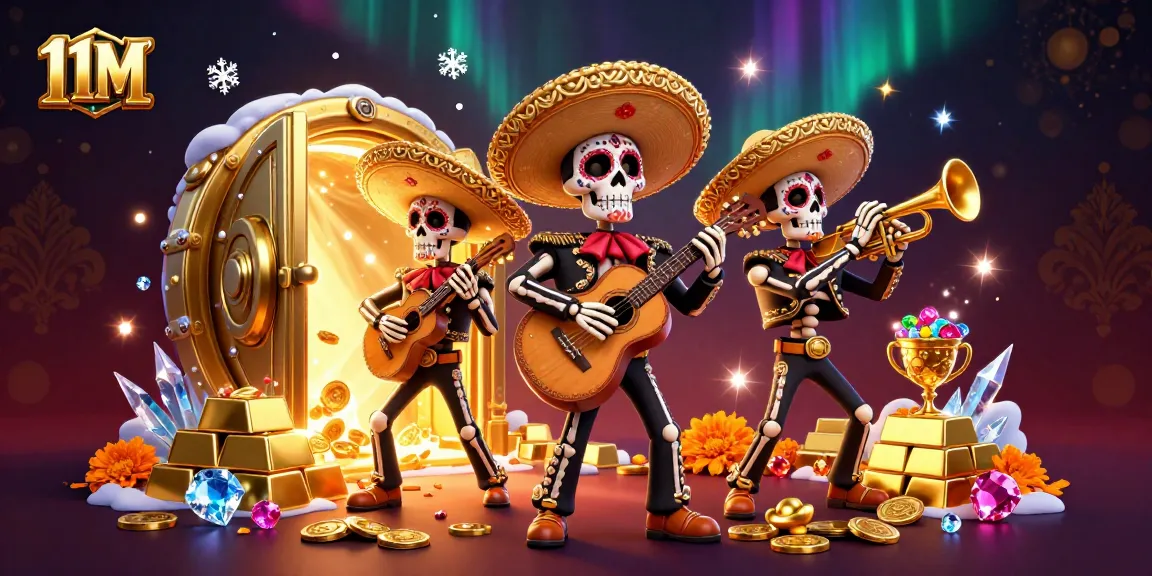 Experience exciting gaming adventures with 11M's vibrant Day of the Dead casino illustration.