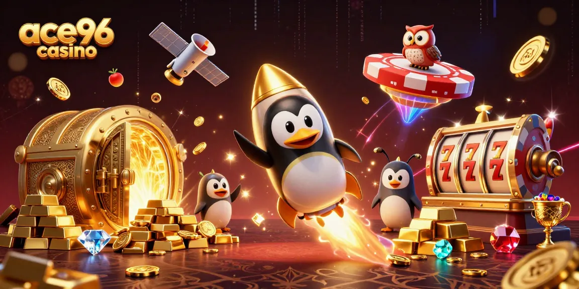 Experience the thrill of ace96 casino with a golden penguin in a vibrant 3D cosmic journey.