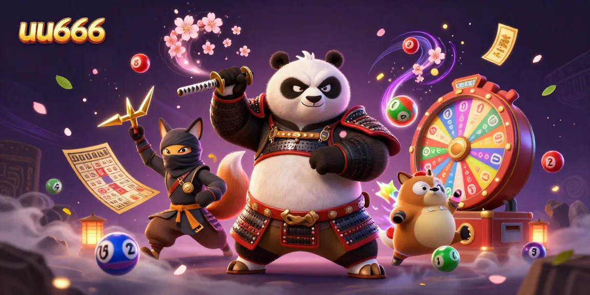 Engage with uu666 in a vibrant scene featuring a 3D cartoon samurai panda and a ninja fox, with dynamic lottery elements.