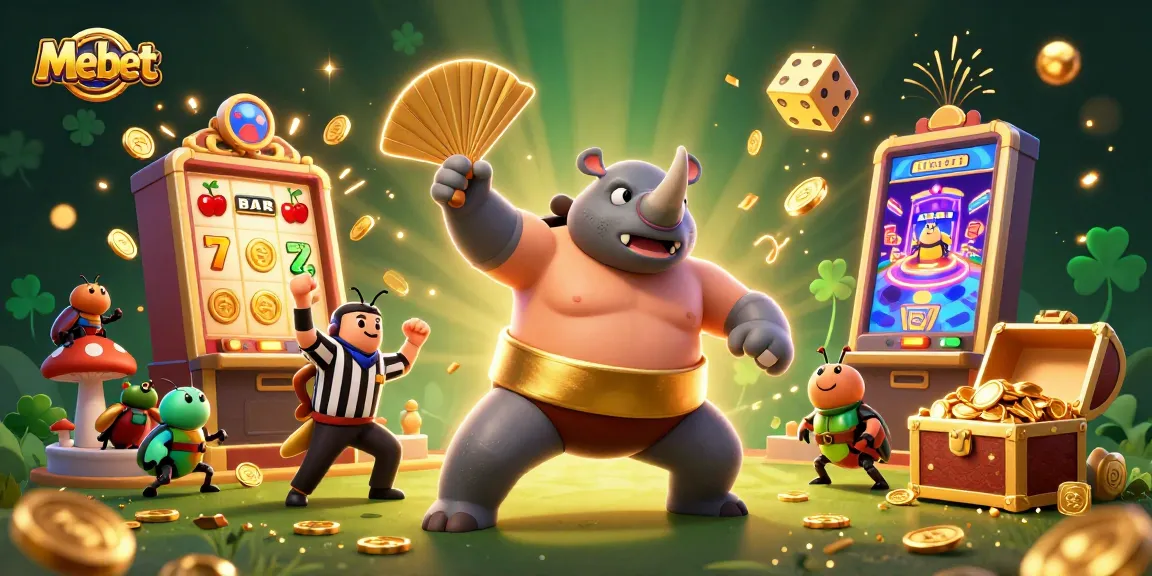 Mebet invites bettors to a dynamic casino illustration with a rhinoceros beetle sumo champion amid flying coins and slot machines.