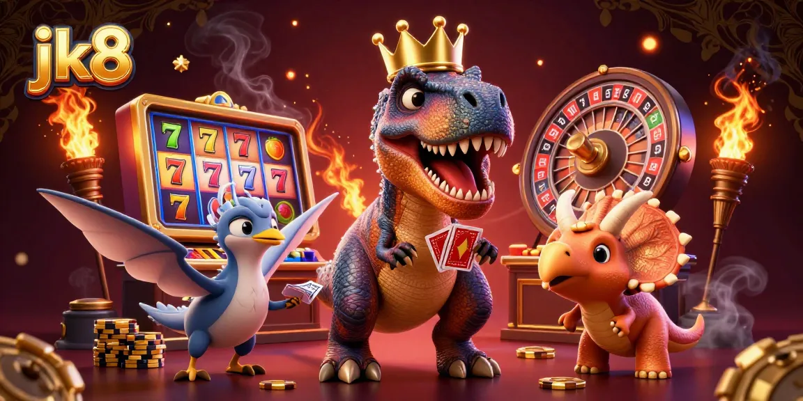 jk8 showcases a fun casino scene with characters playing slots and stacking golden chips.