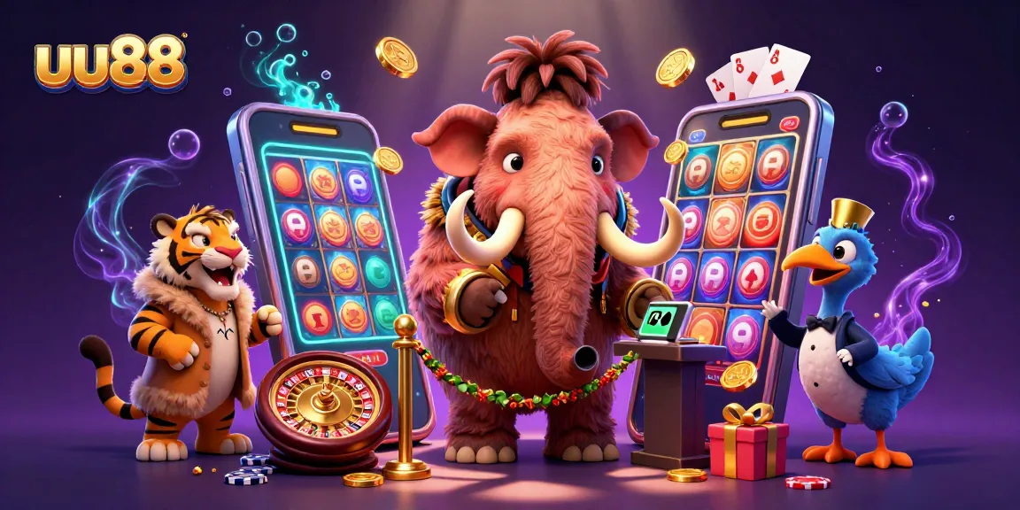 uu88 engages players with a vibrant casino scene featuring a woolly mammoth bouncer and a saber-tooth tiger guest.
