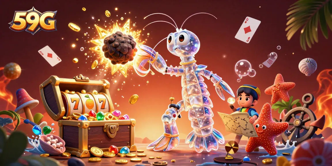 Engage with 59G's vibrant casino atmosphere featuring treasures, slot reels, and an adventurous scene.