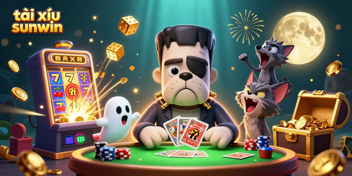Engage in tài xỉu sunwin with thrilling card games at a vibrant casino table featuring unique characters.
