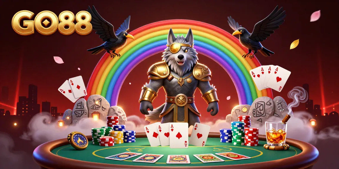 Experience the thrill of GO88 with a captivating 3D casino scene featuring Odin and ravens among poker elements.