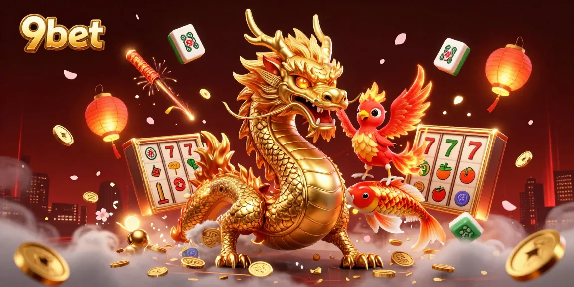 Join the thrilling 9bet casino adventure with a golden dragon, phoenix, and koi fish in a vibrant scene.