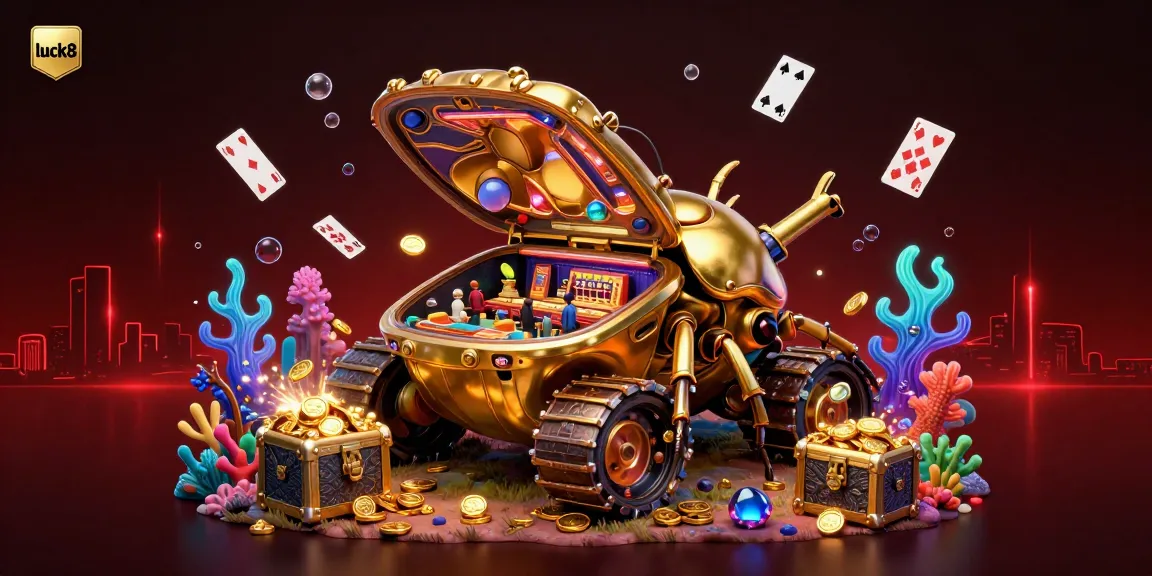 Experience the thrill of gambling with luck8's vibrant underwater casino scene, packed with gold and treasures.