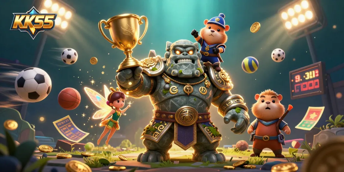 Experience KK55 with a vibrant scene featuring a golem, fairy, and hamster knight in dynamic action.